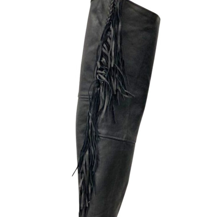 Road Dawgs Place Women's Black Leather Motorcycle Chaps With Rose Cutout Design & Fringe Detail Medium