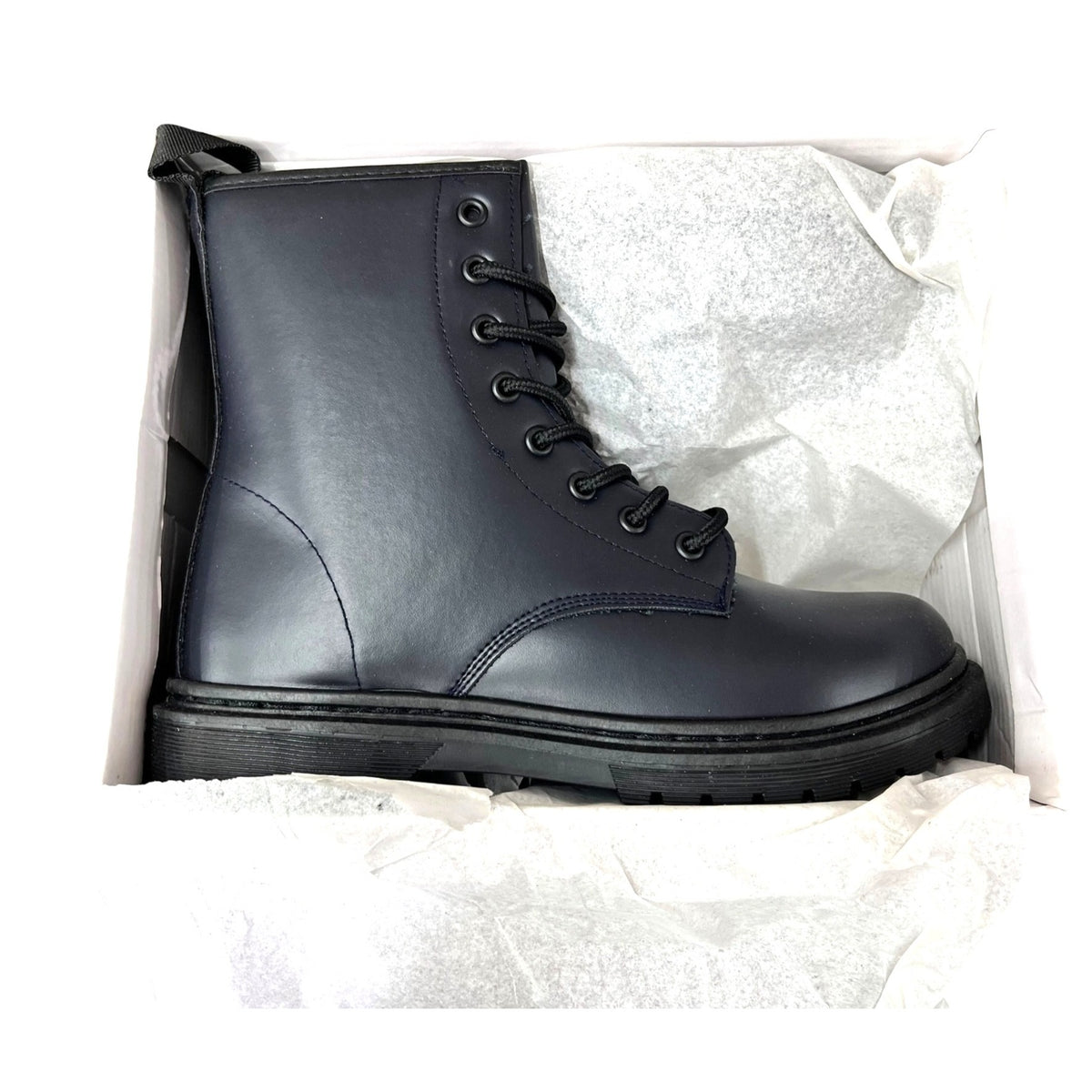 Navy Lace-Up Ankle Boots Size 8 PU Leather Upper Durable Canvas Lining Made In China