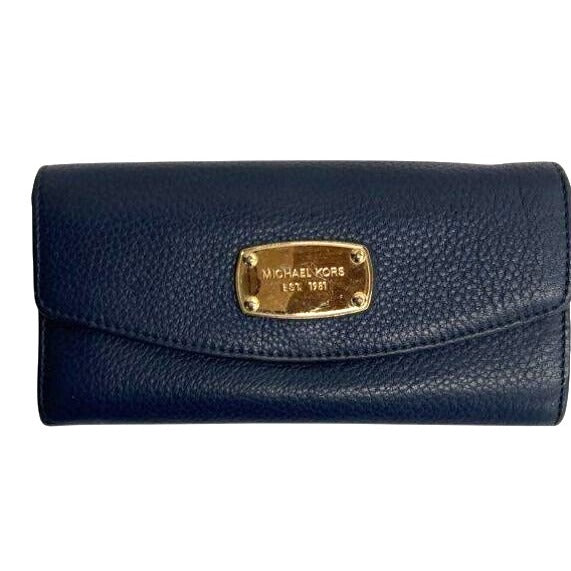 Michael Kors Navy Blue Pebbled Leather Wallet With Gold Hardware & Multiple Card Slots