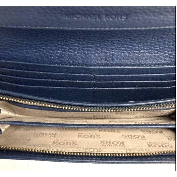 Michael Kors Navy Blue Pebbled Leather Wallet With Gold Hardware & Multiple Card Slots