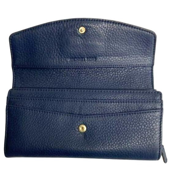 Michael Kors Navy Blue Pebbled Leather Wallet With Gold Hardware & Multiple Card Slots