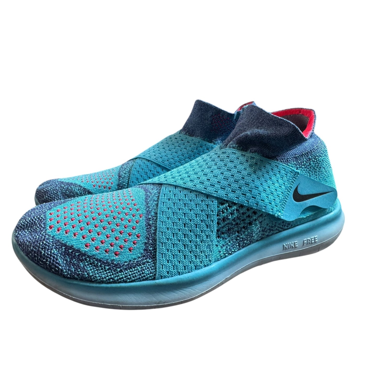 Nike Free RN Motion Flyknit Running Shoes Blue Aqua Red Slip-On Lightweight Womens Size 8