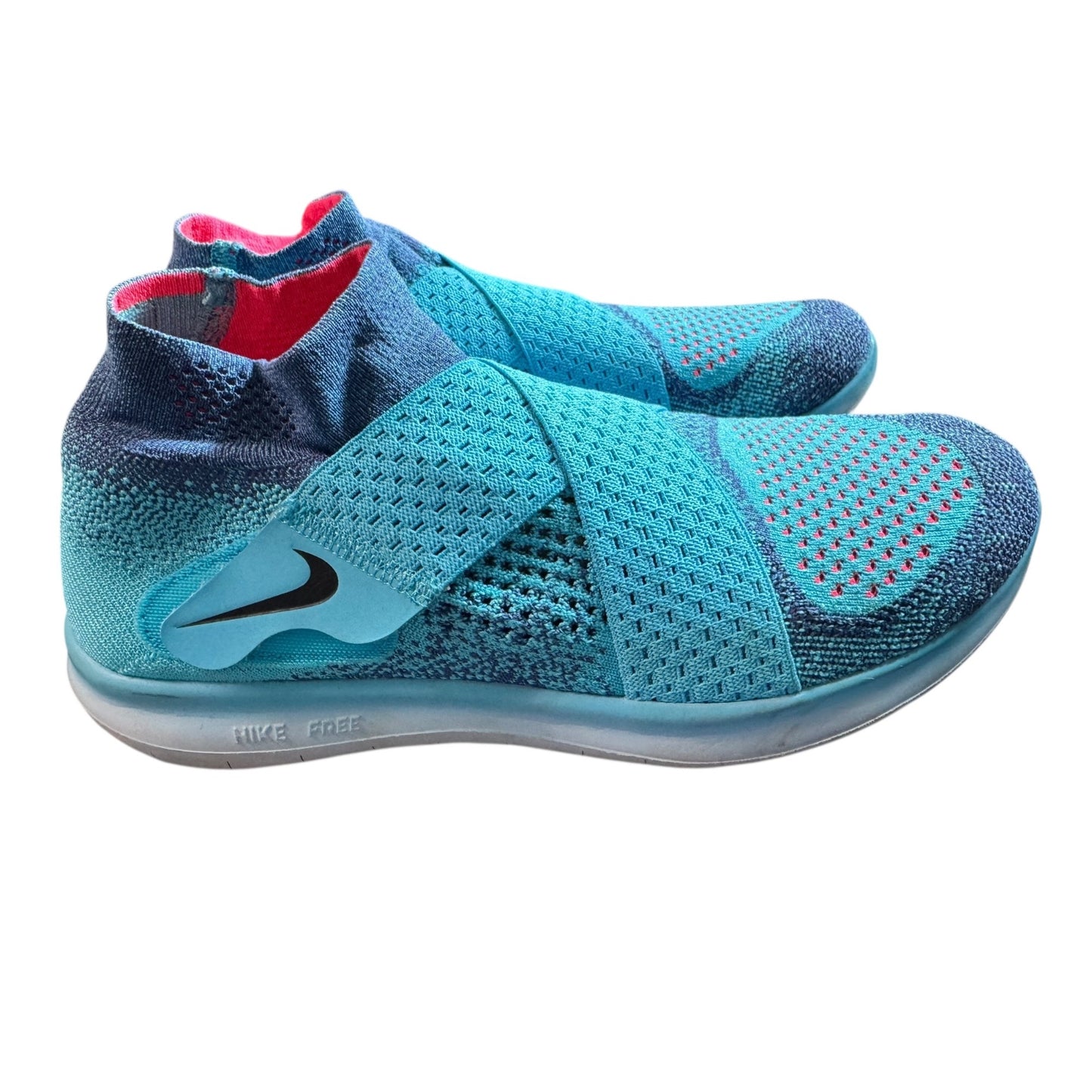 Nike Free RN Motion Flyknit Running Shoes Blue Aqua Red Slip-On Lightweight Womens Size 8