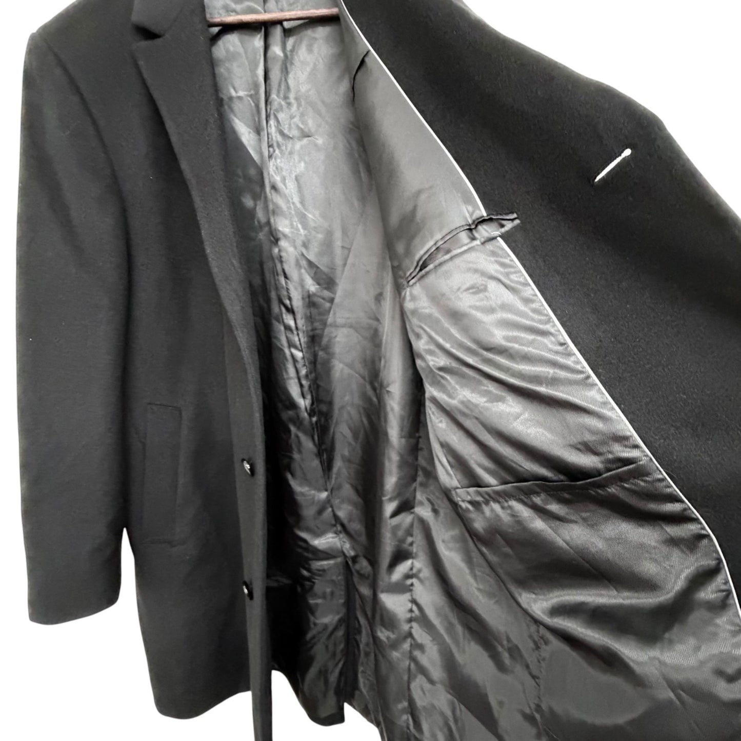Chaps Black Wool-Blend Overcoat Men's SZ L Long Sleeve Button Front Lined Classic Fit