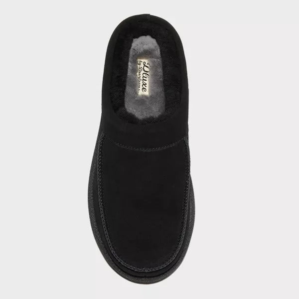 DLuxe by dearfoams Mens Shearling-Lined Black Suede Slip-On Slipper size 11 NWT