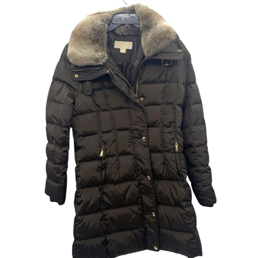 Michael Kors Womens Puffer Coat W/ Faux Fur Collar Brown Size L