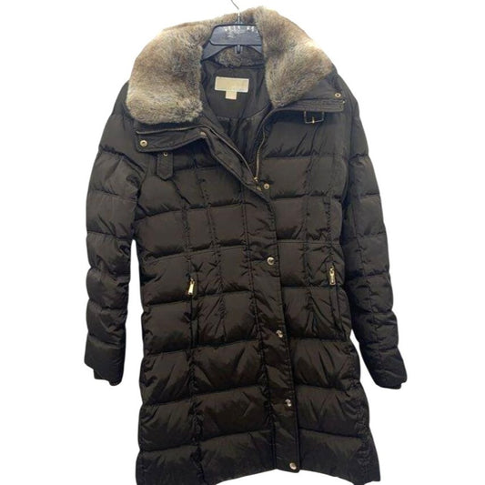 Michael Kors Womens Puffer Coat W/ Faux Fur Collar Brown Size L