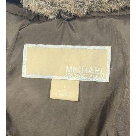 Michael Kors Womens Puffer Coat W/ Faux Fur Collar Brown Size L