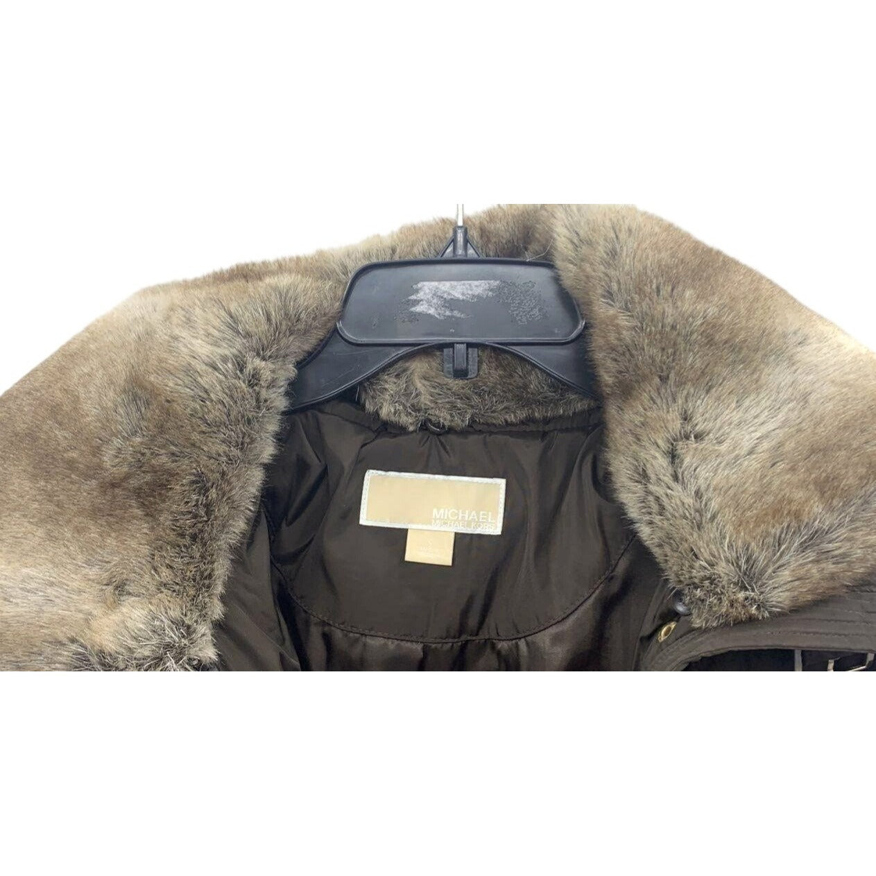 Michael Kors Womens Puffer Coat W/ Faux Fur Collar Brown Size L
