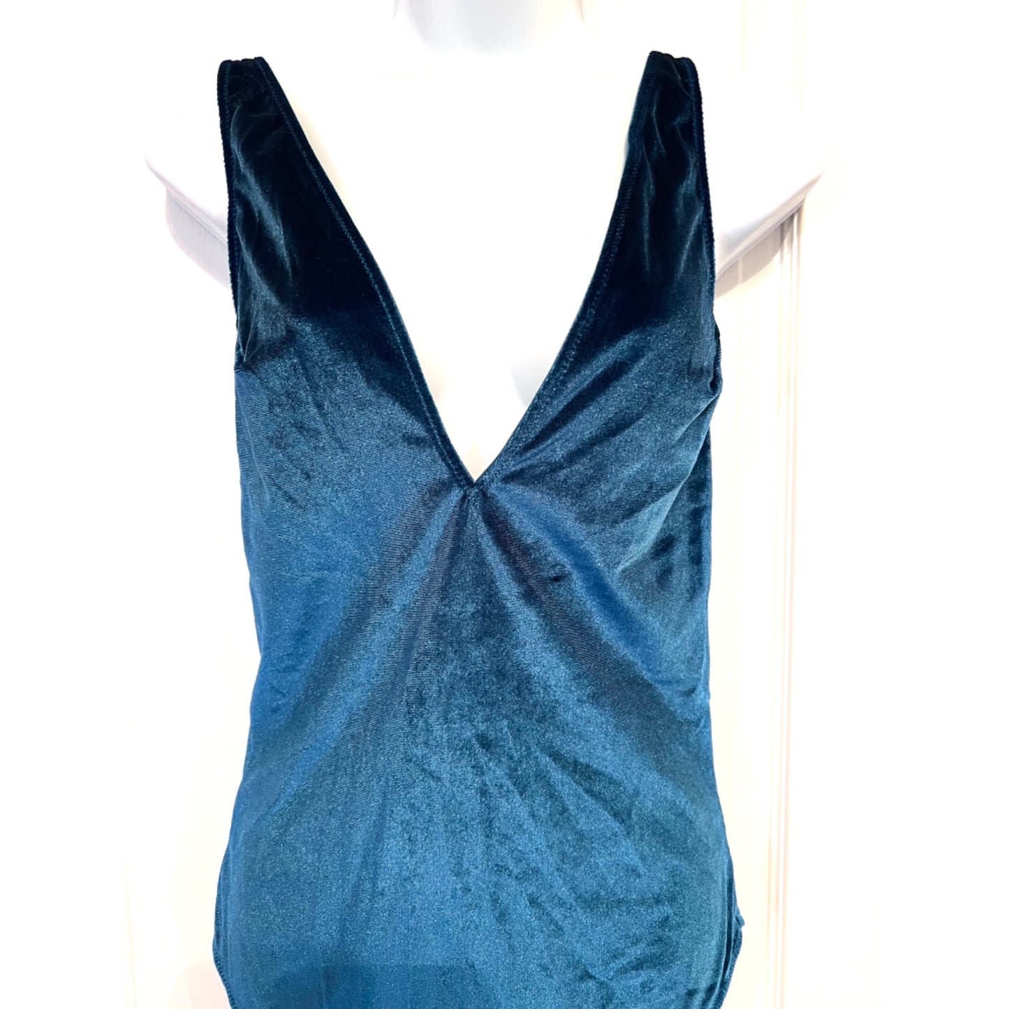 Gilligan & O'Malley Blue Velvet Strappy Deep-V Bodysuit With Crisscross Back Design