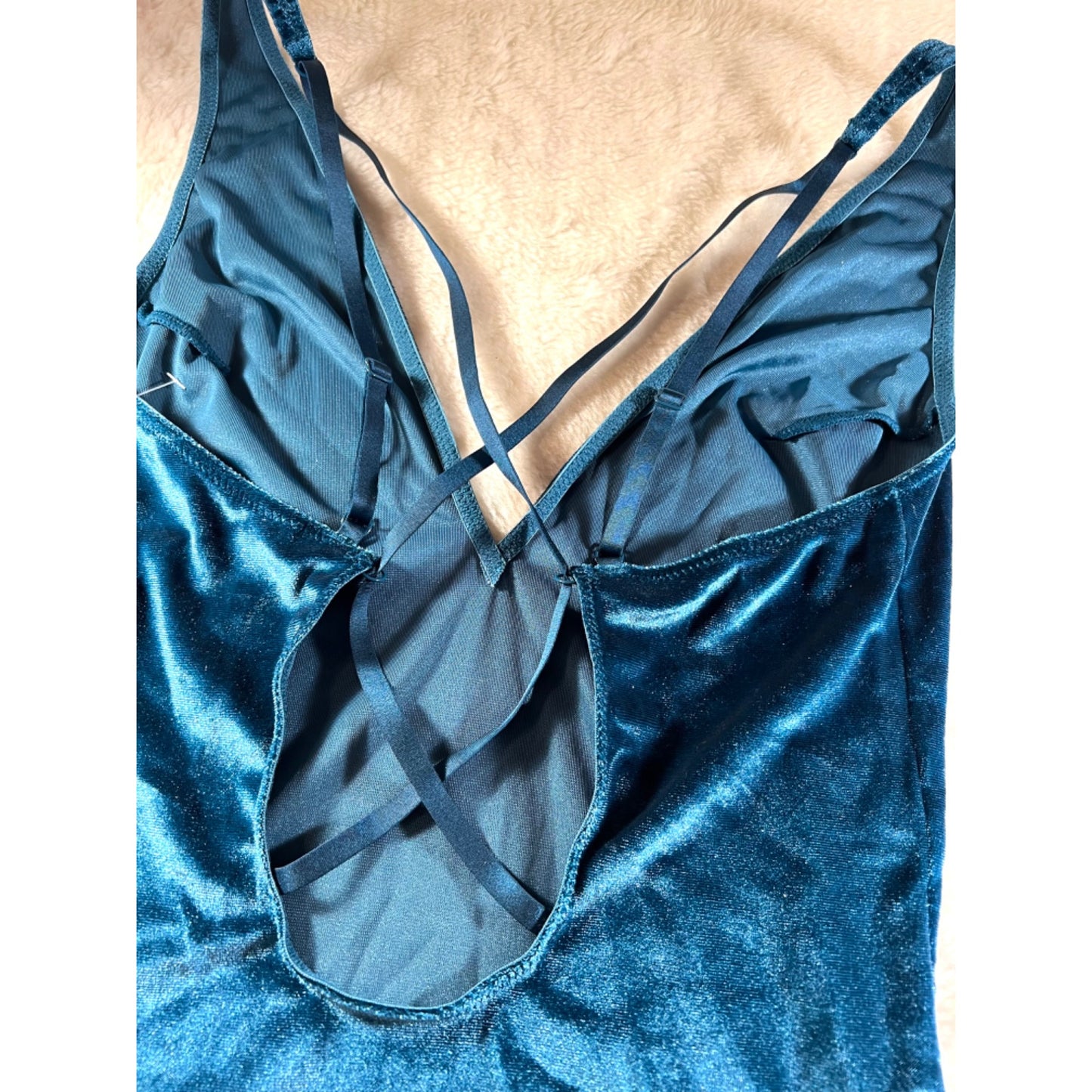 Gilligan & O'Malley Blue Velvet Strappy Deep-V Bodysuit With Crisscross Back Design
