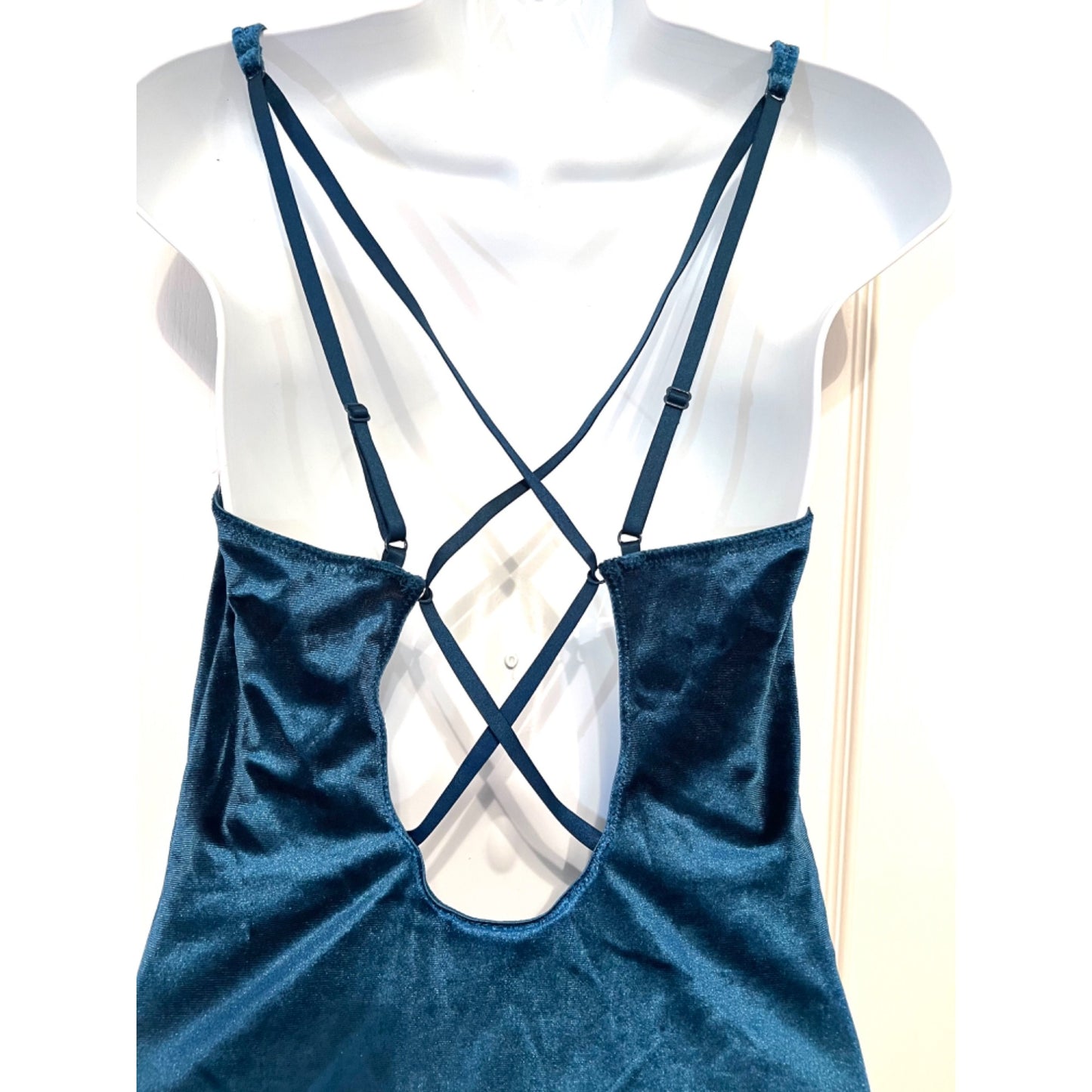 Gilligan & O'Malley Blue Velvet Strappy Deep-V Bodysuit With Crisscross Back Design