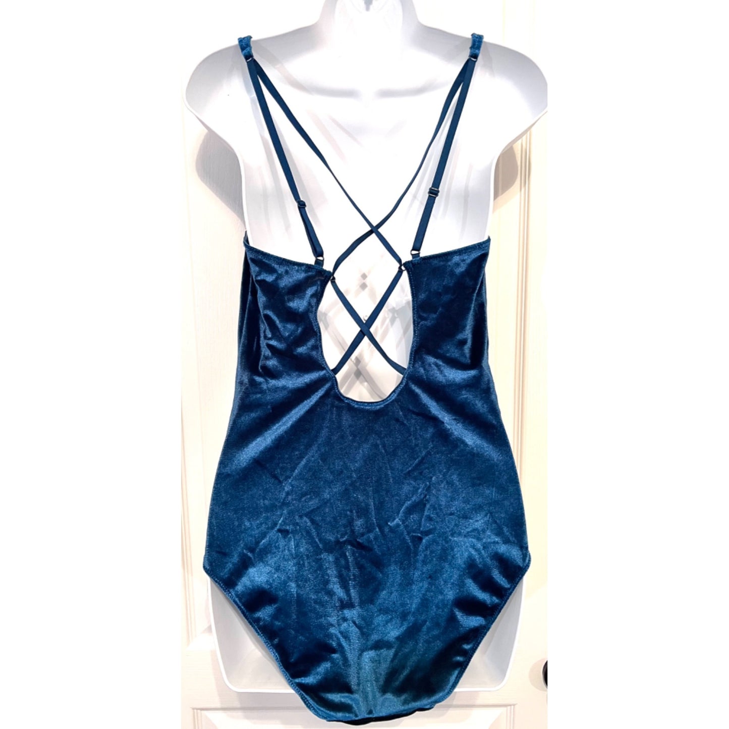 Gilligan & O'Malley Blue Velvet Strappy Deep-V Bodysuit With Crisscross Back Design