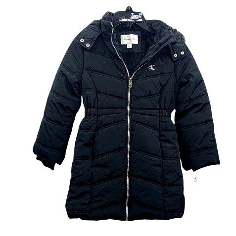 Calvin Klein Jeans Girls Black Puffer Coat With Faux Fur Hood Size 6X New With Tags