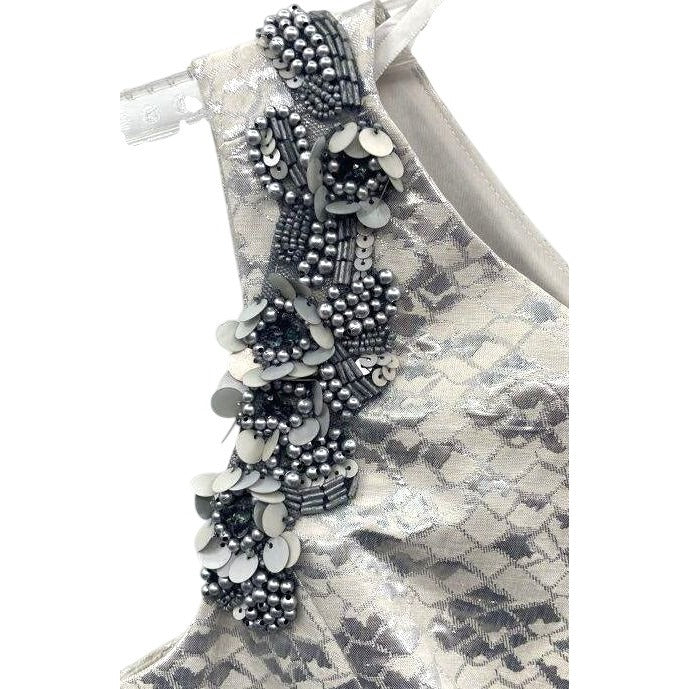 London Times One-Shoulder Cream & Silver Sequin Dress Size 6 Patterned Beaded Shoulder Embellishments