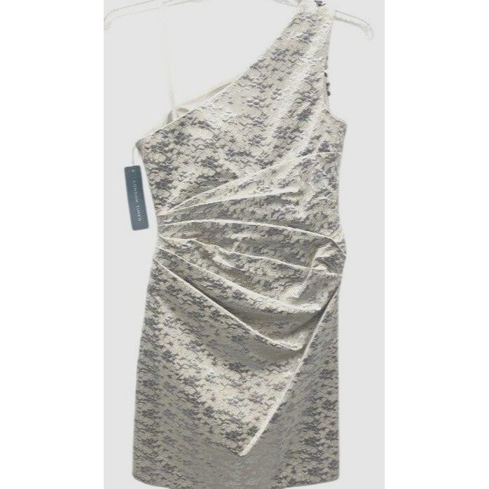 London Times One-Shoulder Cream & Silver Sequin Dress Size 6 Patterned Beaded Shoulder Embellishments