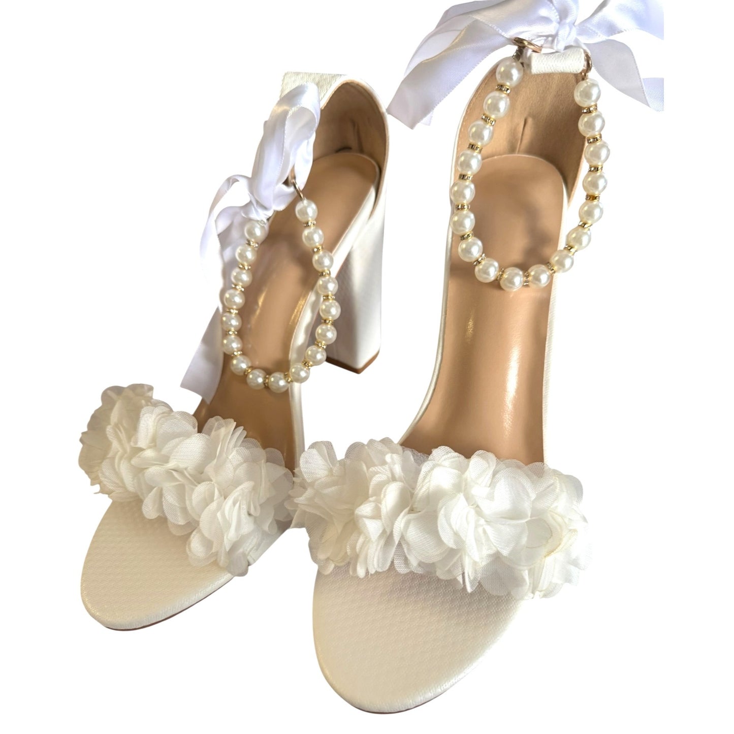 Bride Wedding Block Heel Sandals With Pearl & Ribbon Details Size EU 41 NWB