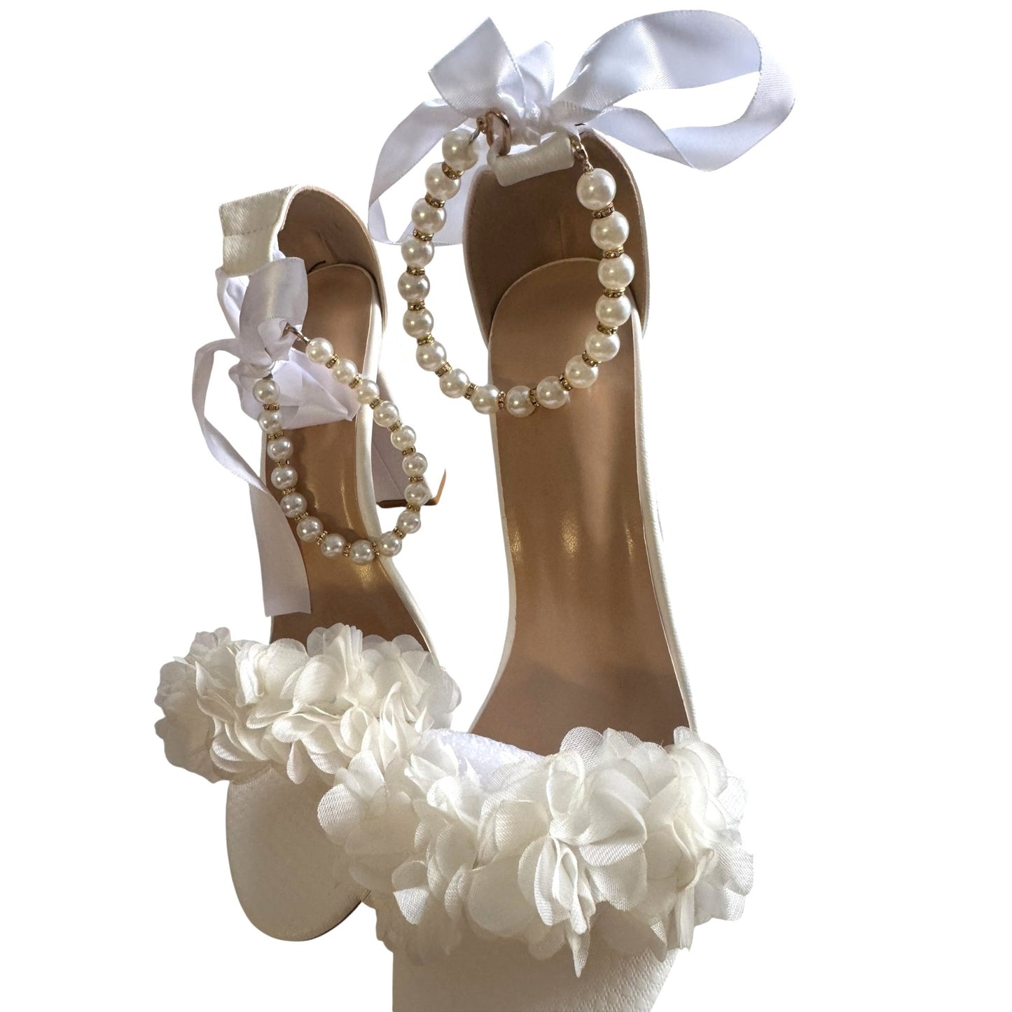 Bride Wedding Block Heel Sandals With Pearl & Ribbon Details Size EU 41 NWB