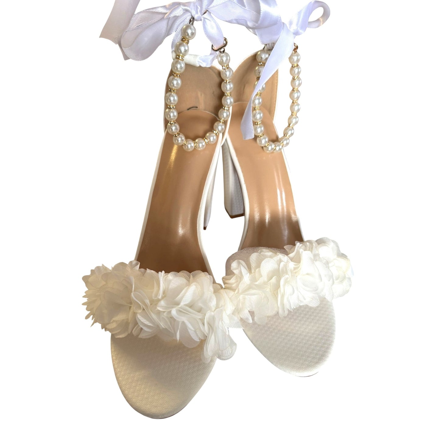 Bride Wedding Block Heel Sandals With Pearl & Ribbon Details Size EU 41 NWB