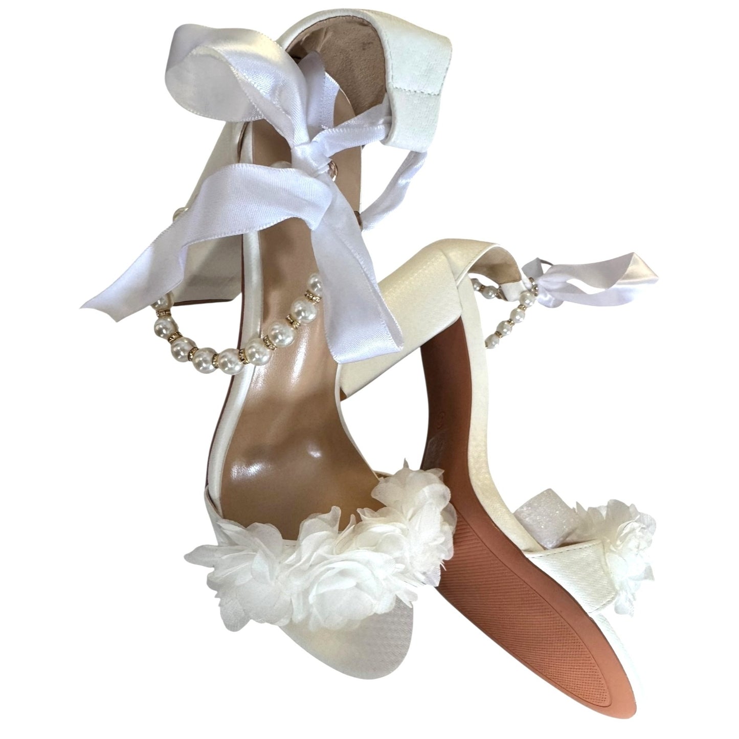 Bride Wedding Block Heel Sandals With Pearl & Ribbon Details Size EU 41 NWB