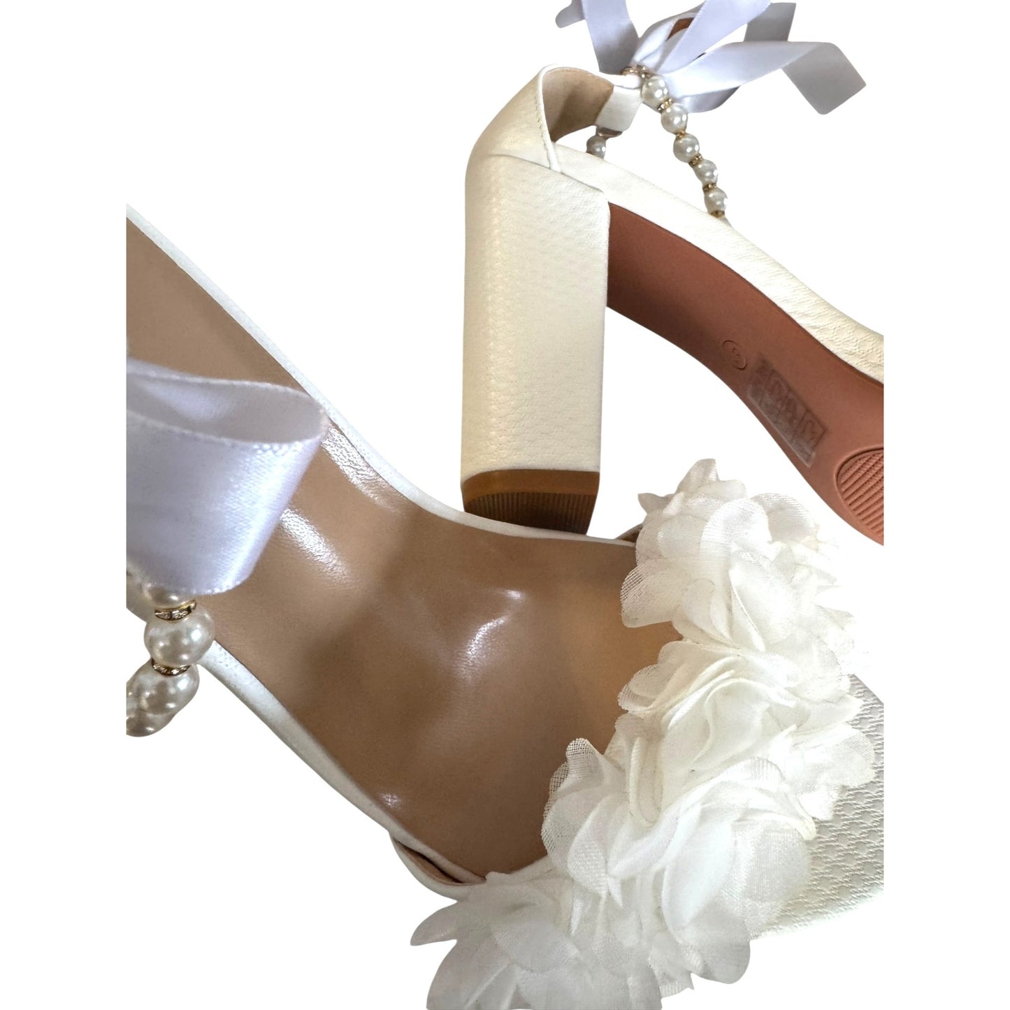 Bride Wedding Block Heel Sandals With Pearl & Ribbon Details Size EU 41 NWB