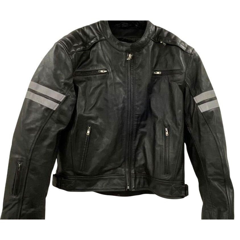 Viking Cycle Black Leather Motorcycle Jacket XL Reflective Stripes Genuine Leather