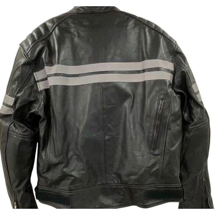 Viking Cycle Black Leather Motorcycle Jacket XL Reflective Stripes Genuine Leather