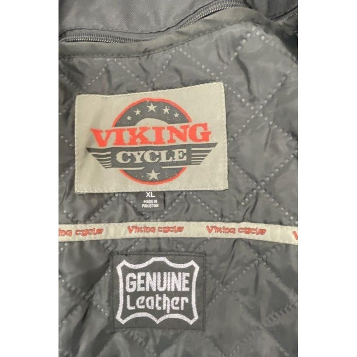 Viking Cycle Black Leather Motorcycle Jacket XL Reflective Stripes Genuine Leather